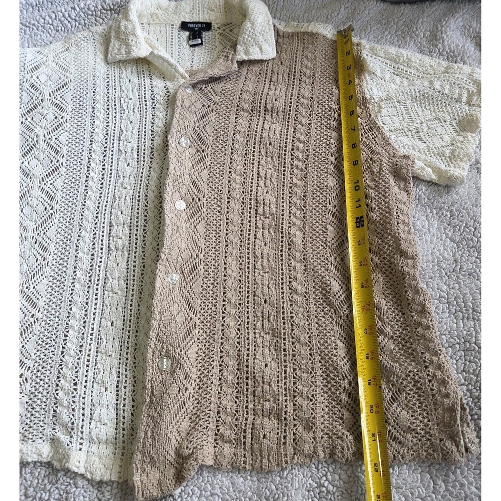 Mens Size Large Crochet Knit Cotton Shirt Colorblock Tan Cream Button Up Boho - Picture 3 of 7